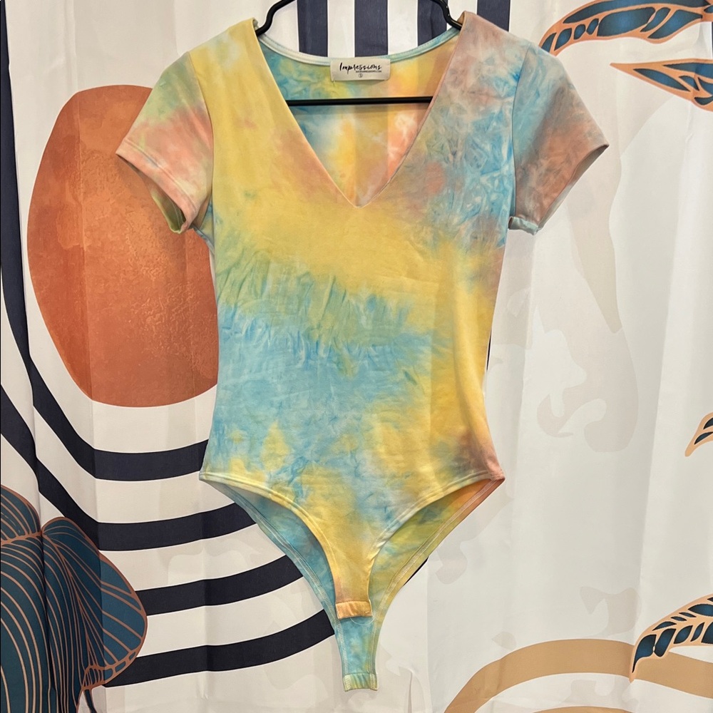 Impressions Tie-Dye V-Neck One Piece Bodysuit - Yellow, Blue, Peach